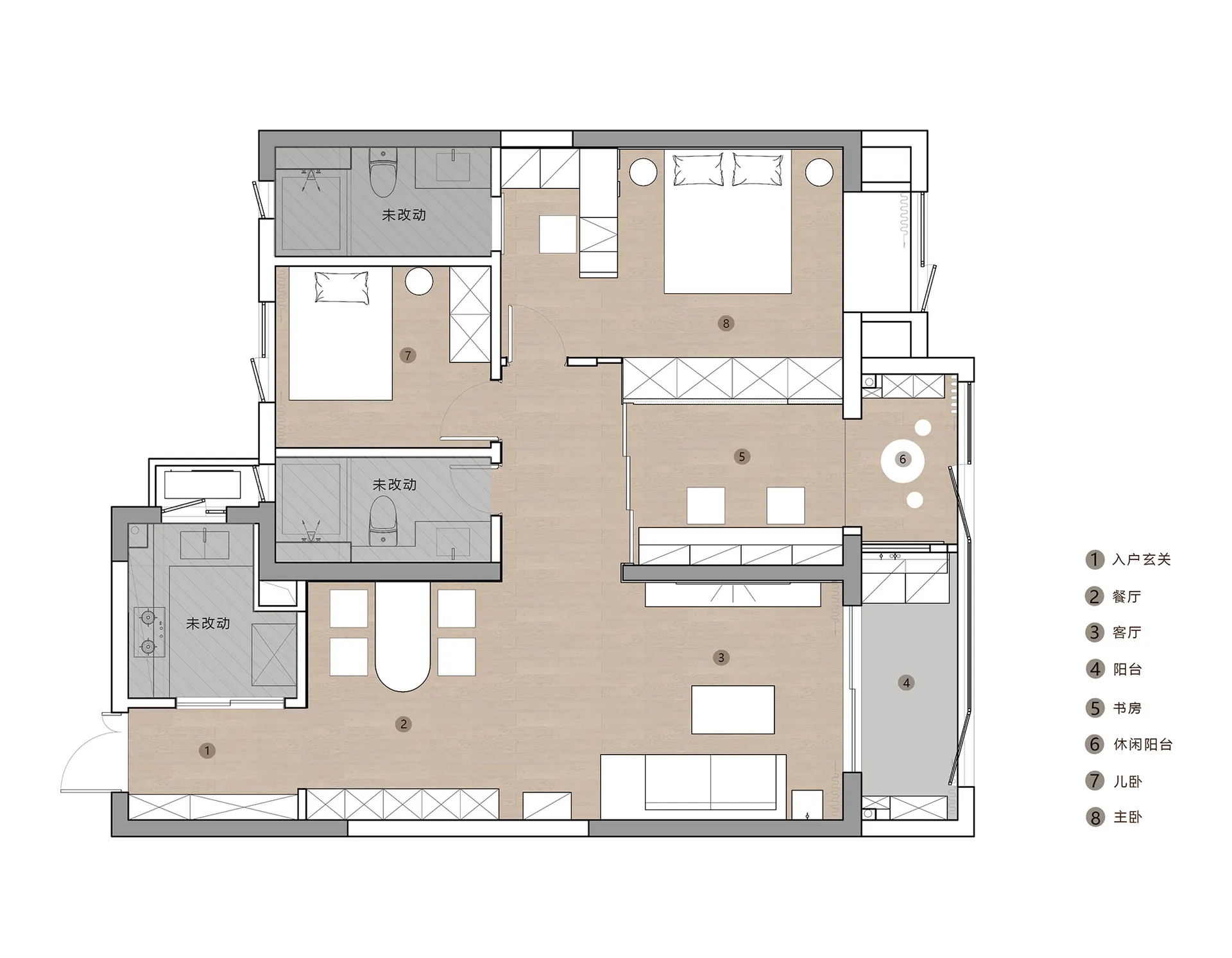 Modern architectural floor plan with hybrid spaces and mixed materials