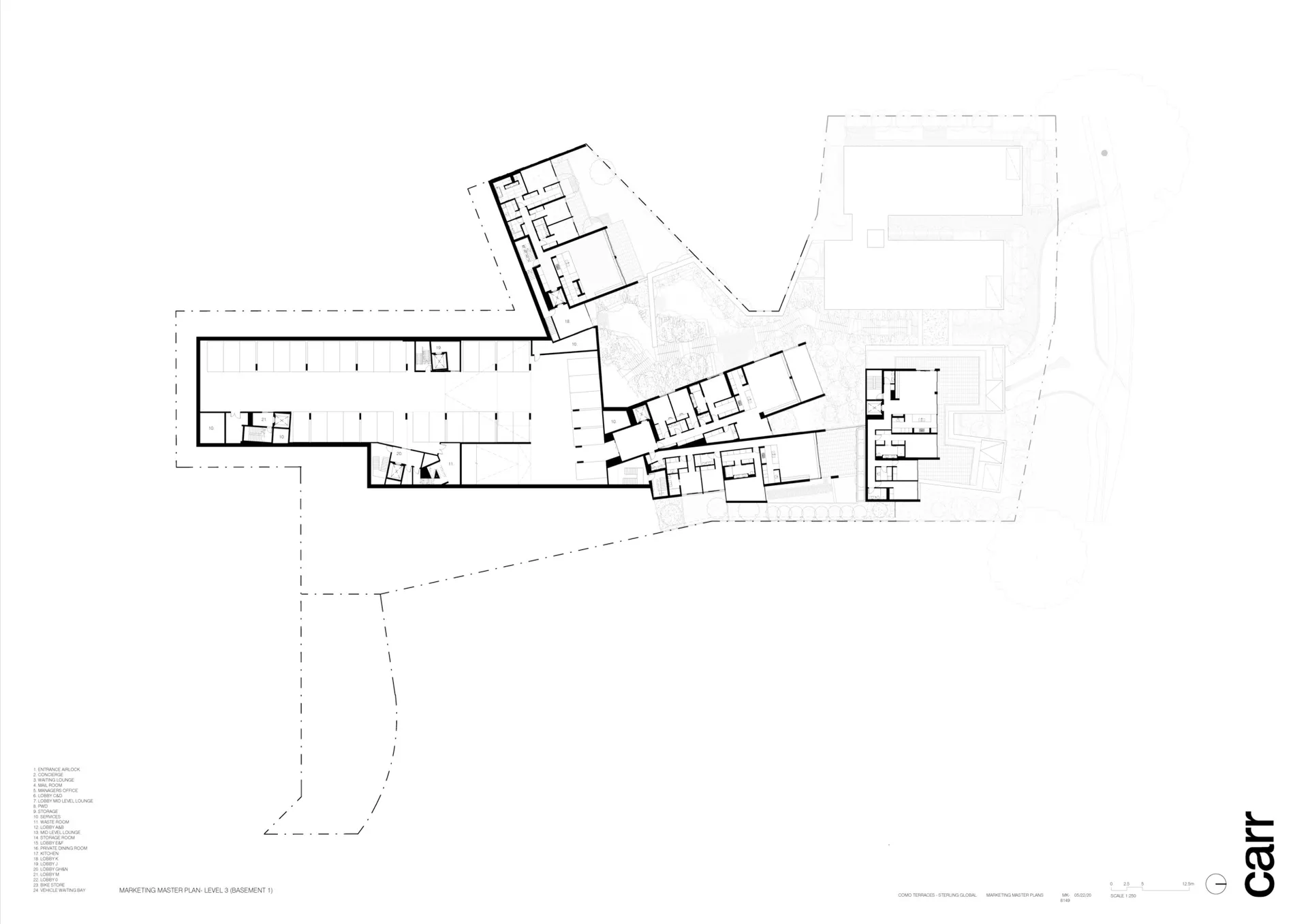 A detailed black and white architectural floor plan of a building's basement level, showing various rooms and spaces.