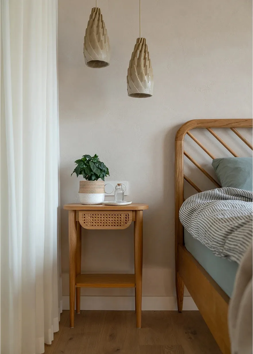 A minimalist bedroom featuring a wooden console table with cane-weave drawers and a potted plant on top.