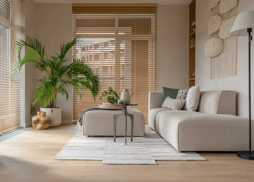 Modern minimalist living room decorated in neutral tones with a cozy seating area, plants, and a comfortable sofa.