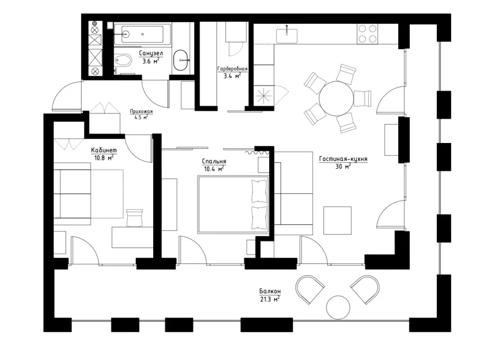 Floor plan of a modern interior with a kitchen, living room, and bedroom.