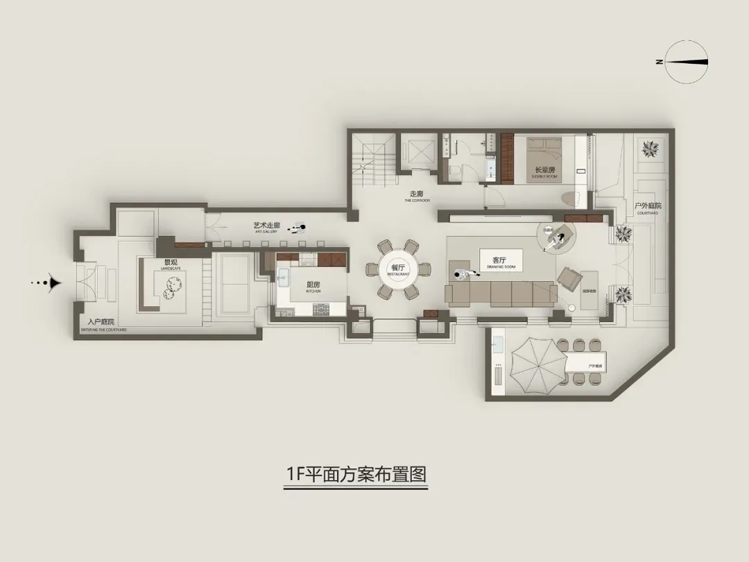 A detailed 2D architectural drawing of a modern residential home's interior, featuring minimalist design and neutral color pa