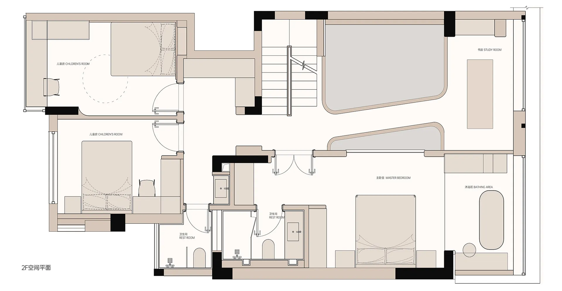 Detailed architectural blueprint of a modern interior space, featuring rooms such as bedrooms, bathrooms, and study room.