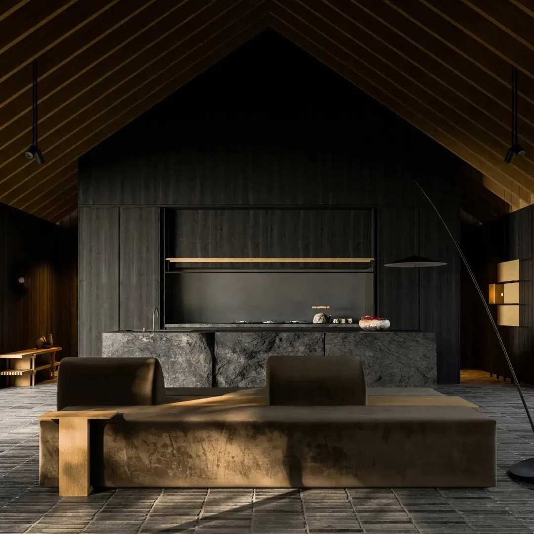 Minimalist living space featuring stone and wooden elements