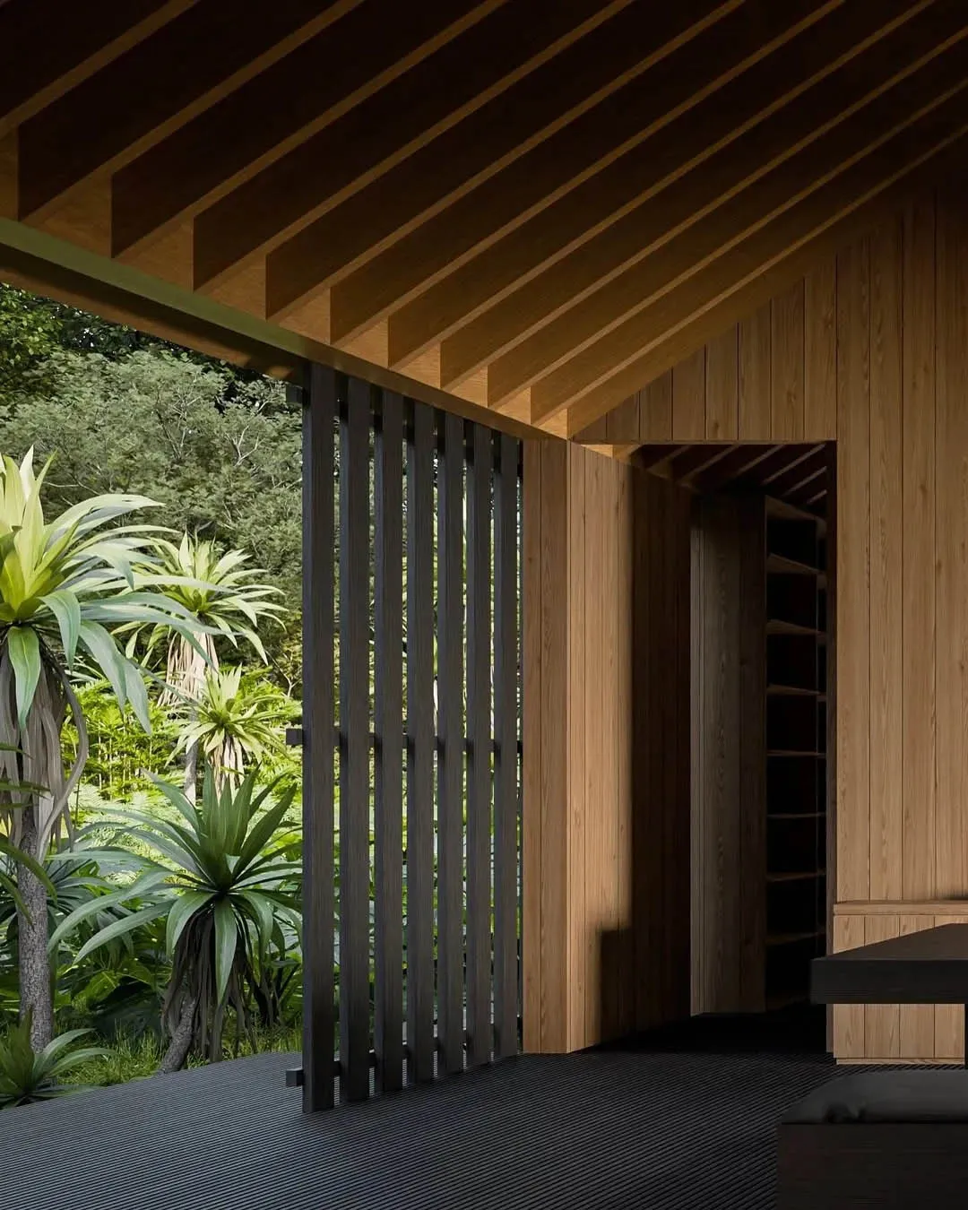 A modern minimalist exterior with wooden panels.