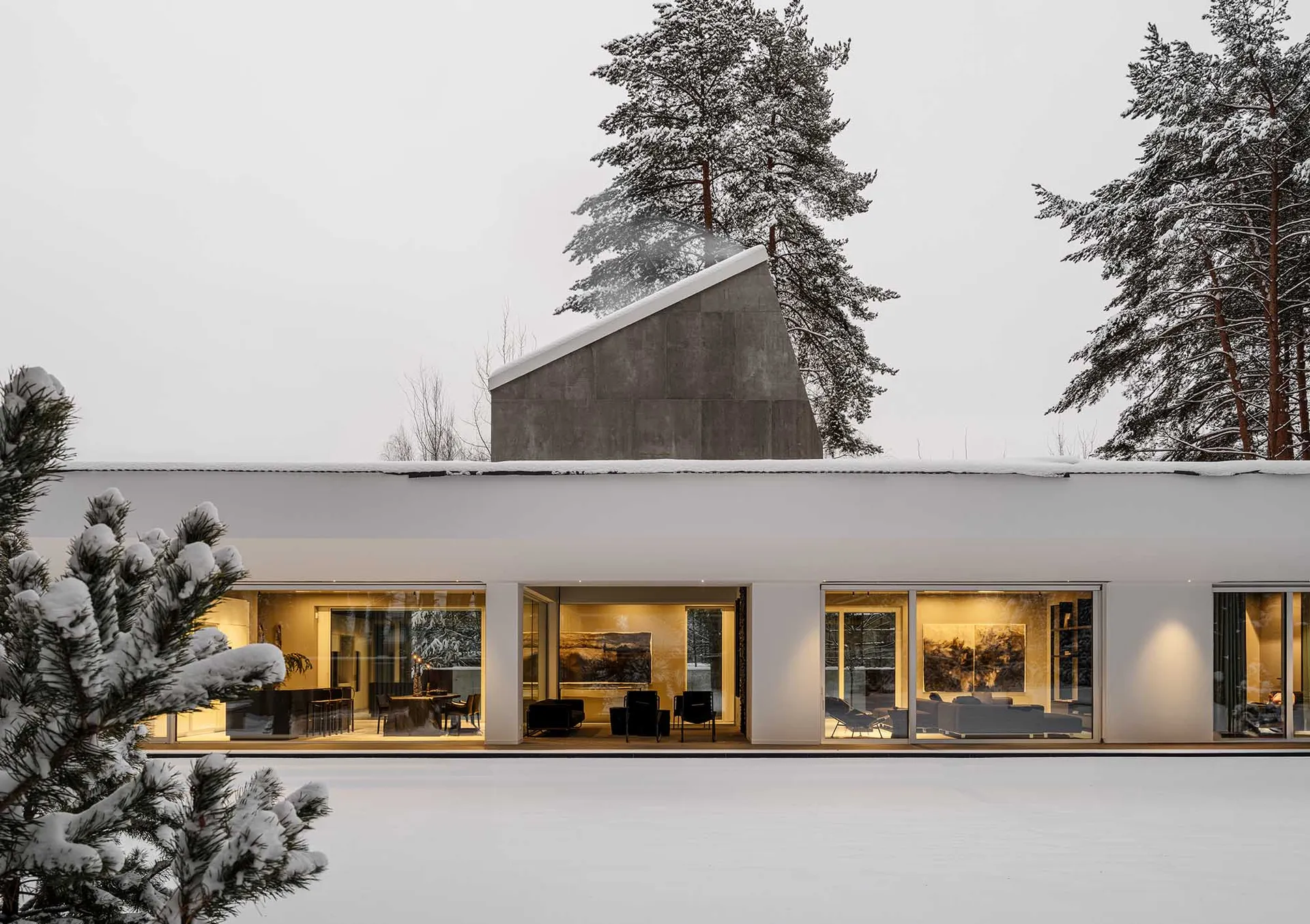 A modern residential house with a minimalist design, featuring a concrete shell and large glass windows.