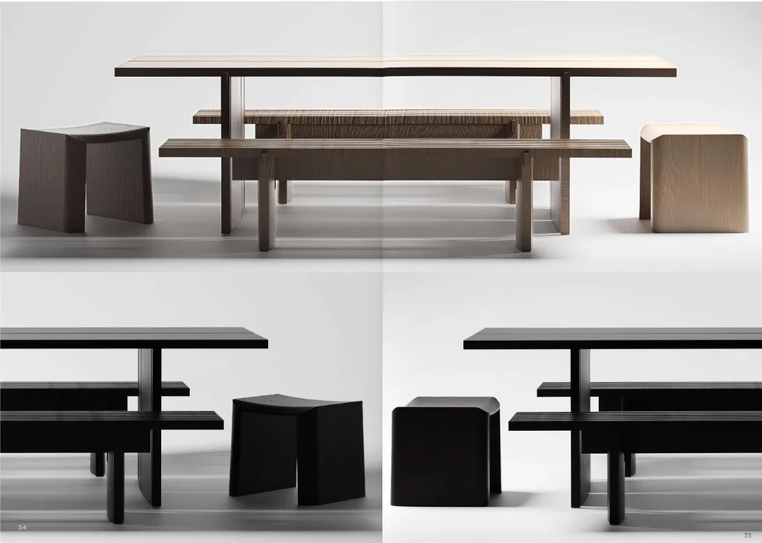 A collection of industrial-style furniture made of wood displayed in a 3D perspective.