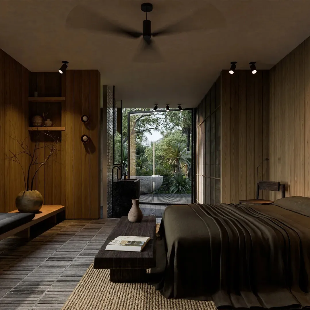A modern minimalist bedroom with wooden floors, a bed, and a view of an open space with greenery.