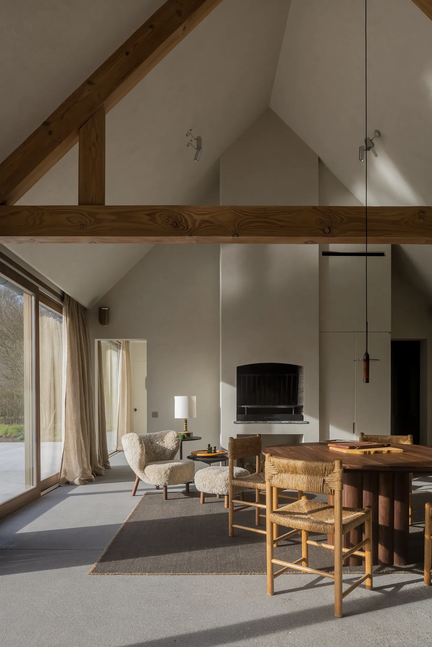 Modern living room featuring wood and concrete elements
