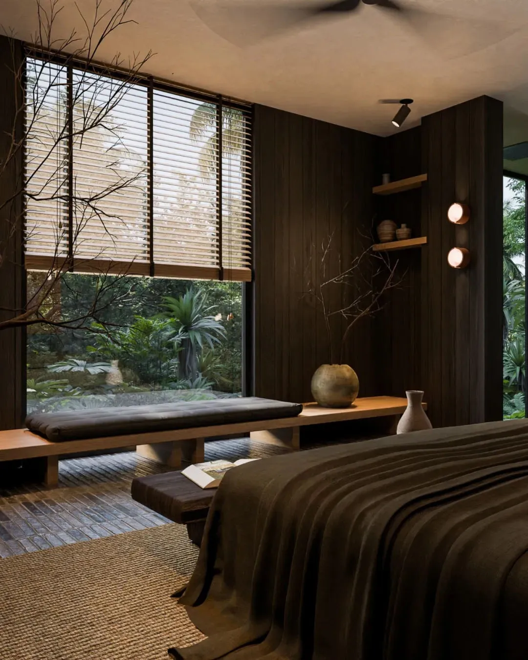 A modern minimalist bedroom featuring wooden furnishings and a glass window overlooking a lush garden.