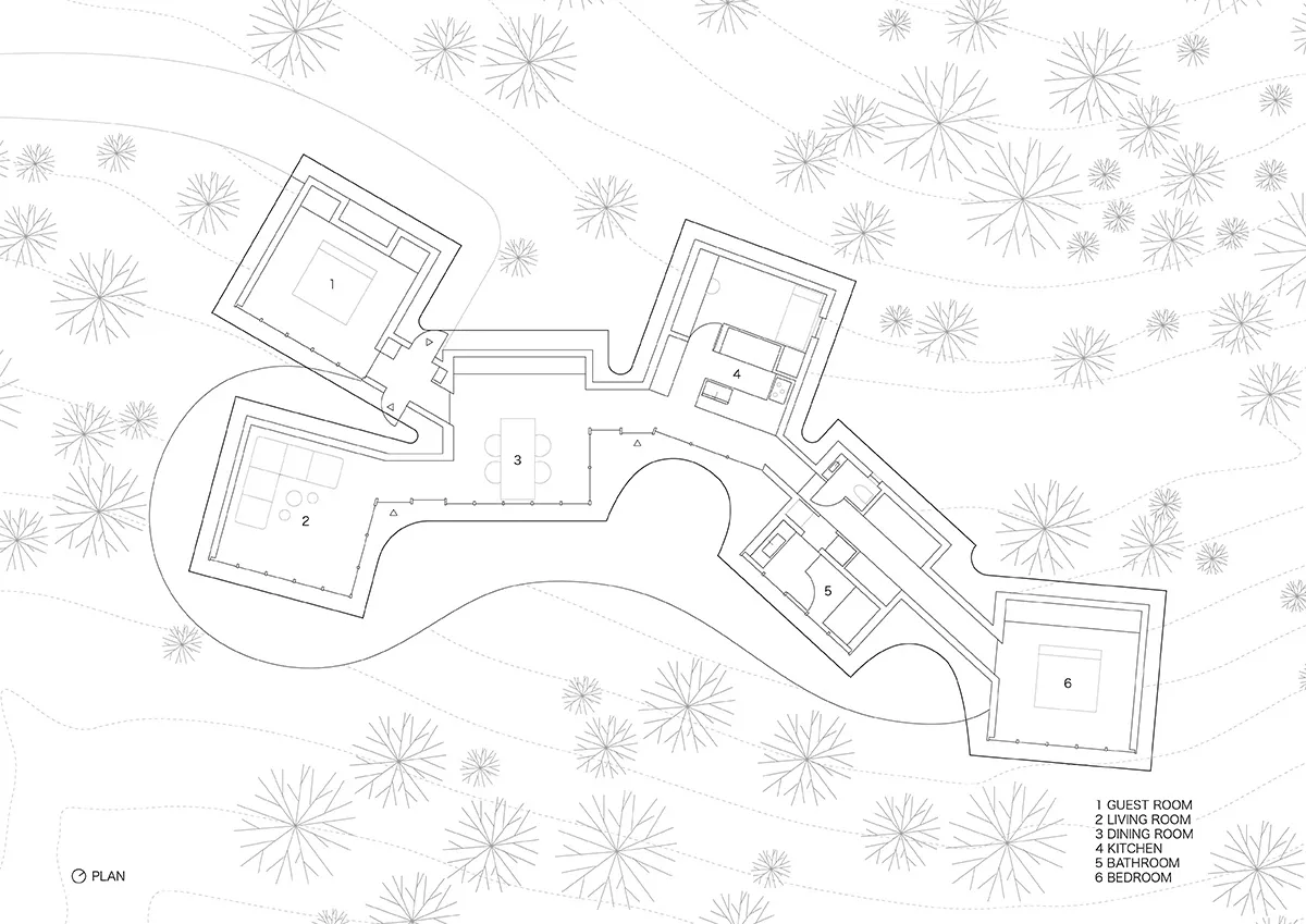 現代住宅建築的平面圖,展示房間與區域的配置。