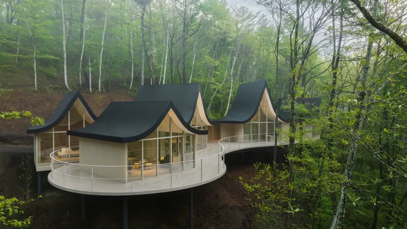 A modern house with glass walls and curved roofs surrounded by dense forest