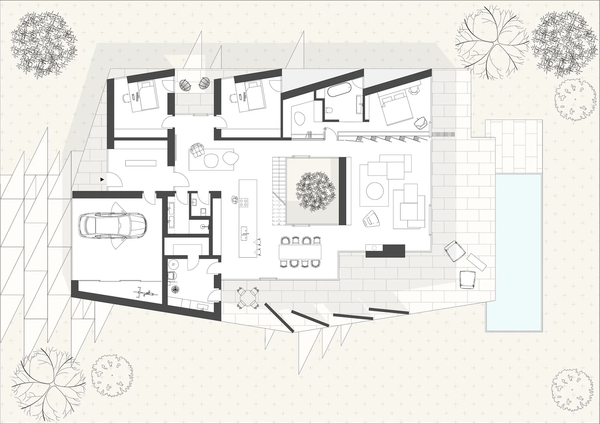 Floor plan of a modern house featuring an outdoor area and a garage.