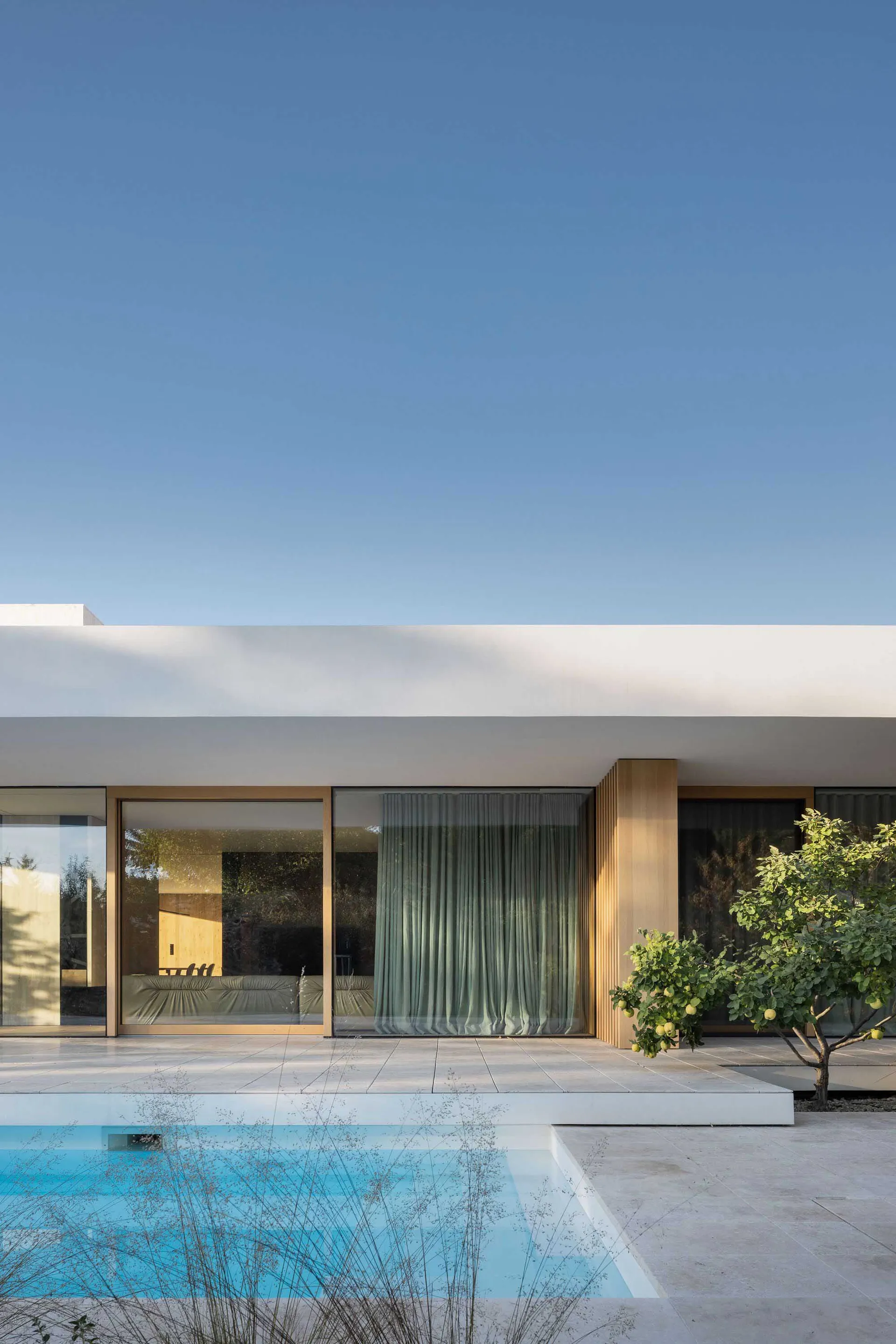 Modern minimalist residential house featuring a swimming pool, made with concrete and glass materials.