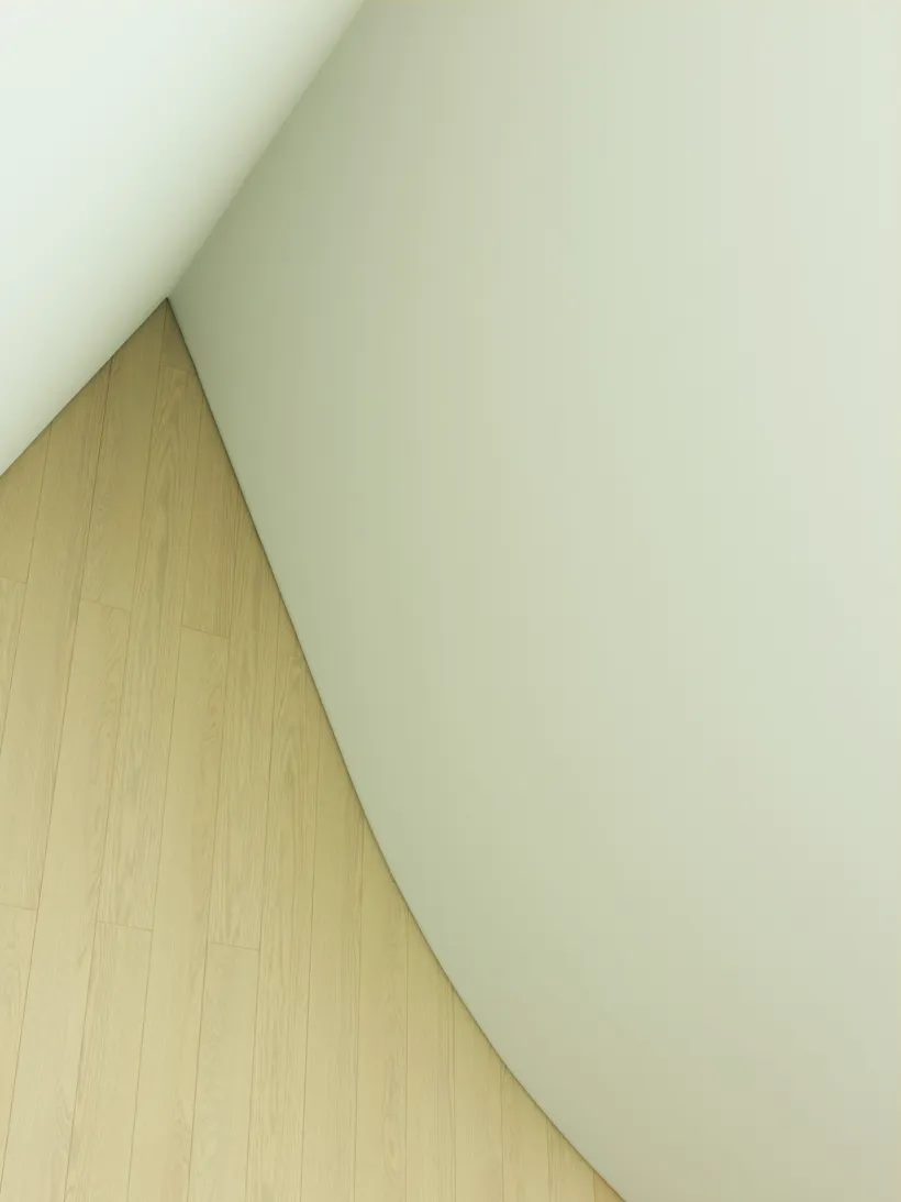 A modern residential interior featuring light wood flooring and painted walls.