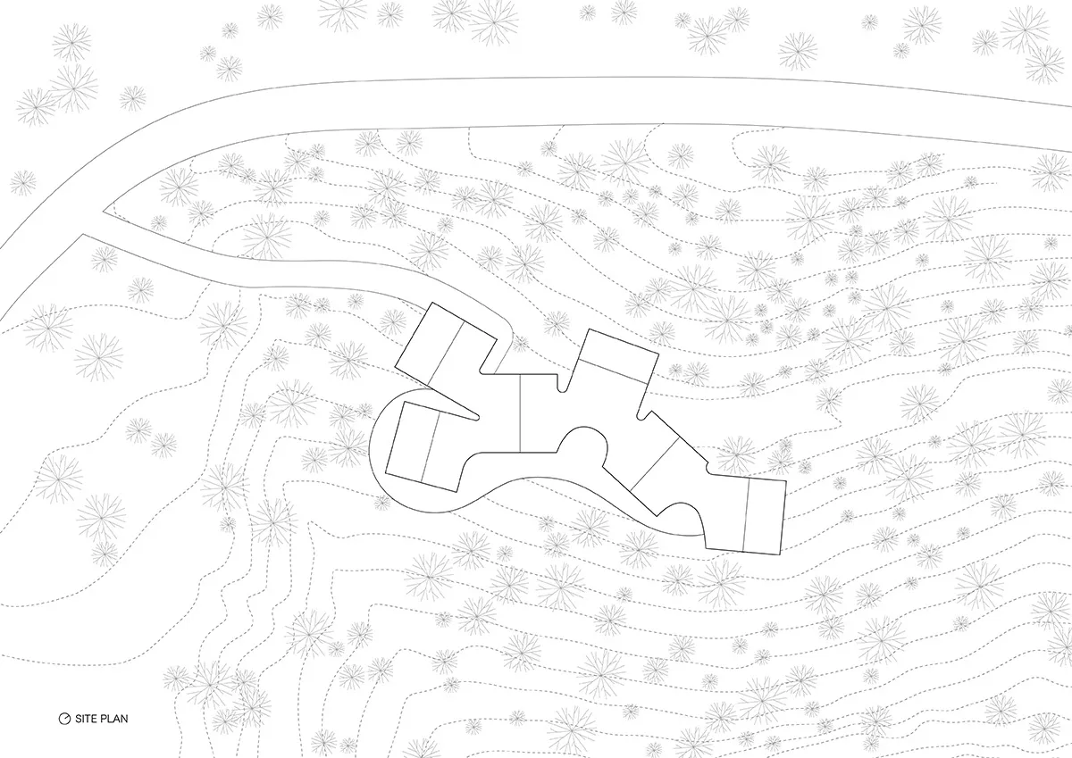黑白建築基地平面圖，山坡上點綴花卉圖案。