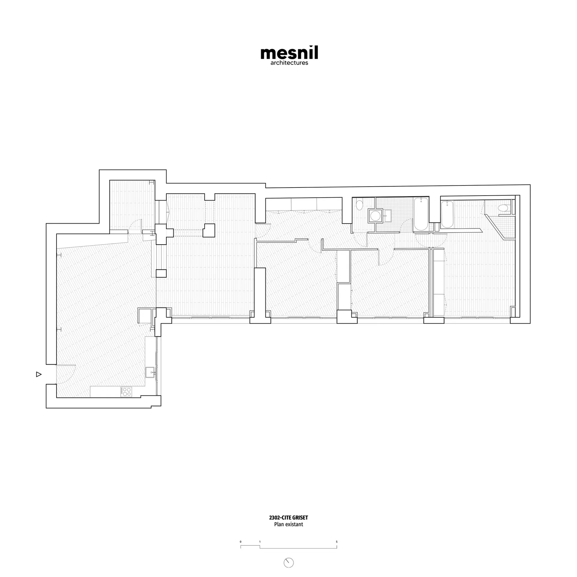 Mesnil Architectures blueprint of floor plan for 2302 Cité Griset showing existing layout.