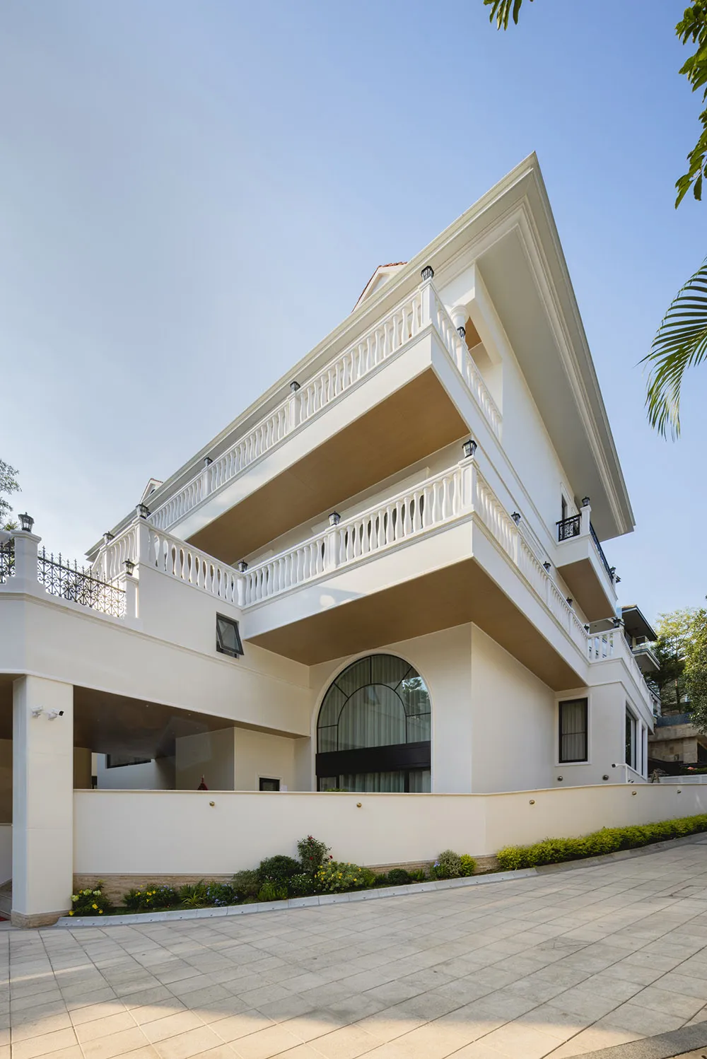 Modern residential building with white stucco exterior