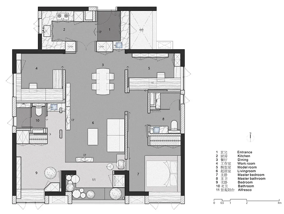 Minimalist apartment floor plan with modern design elements and open-concept layout.
