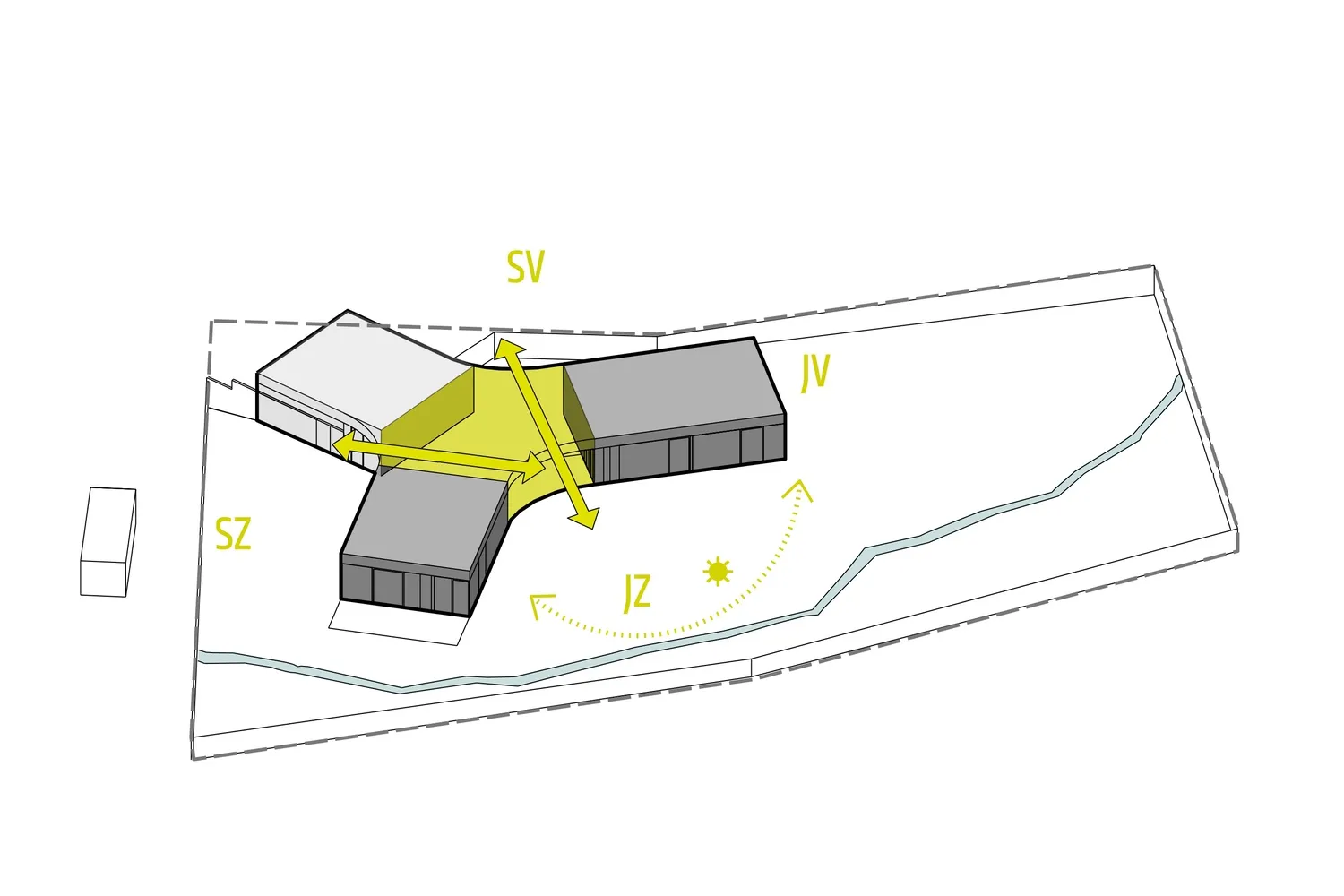 一棟現代建築的平面圖，突顯建築特色。