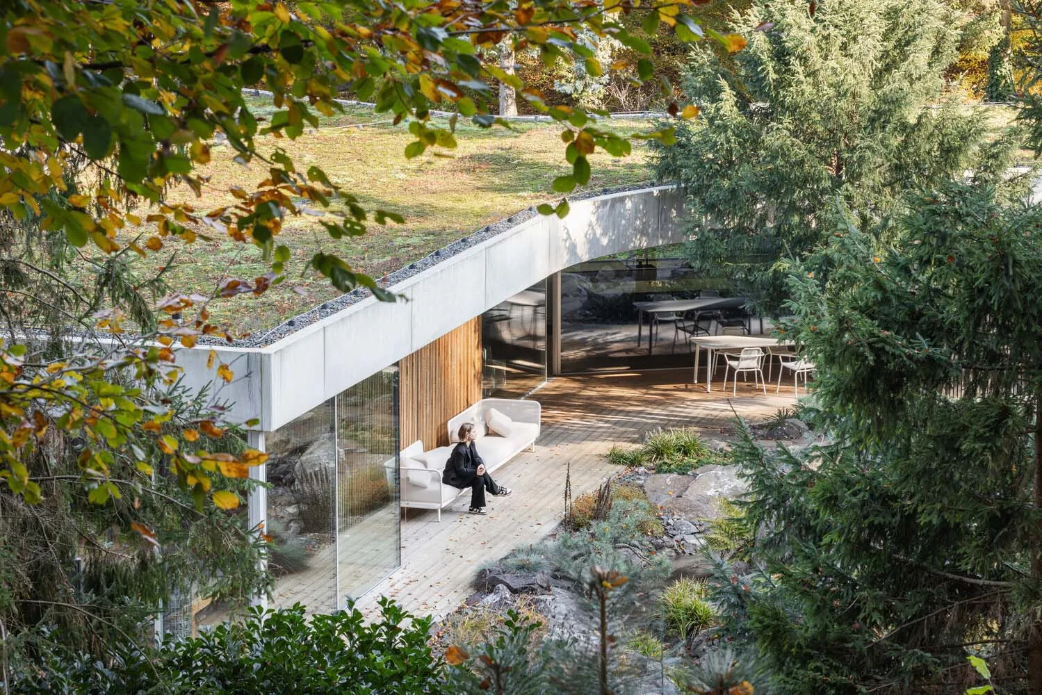 A modern house exterior made of concrete with a minimalist design, surrounded by greenery.