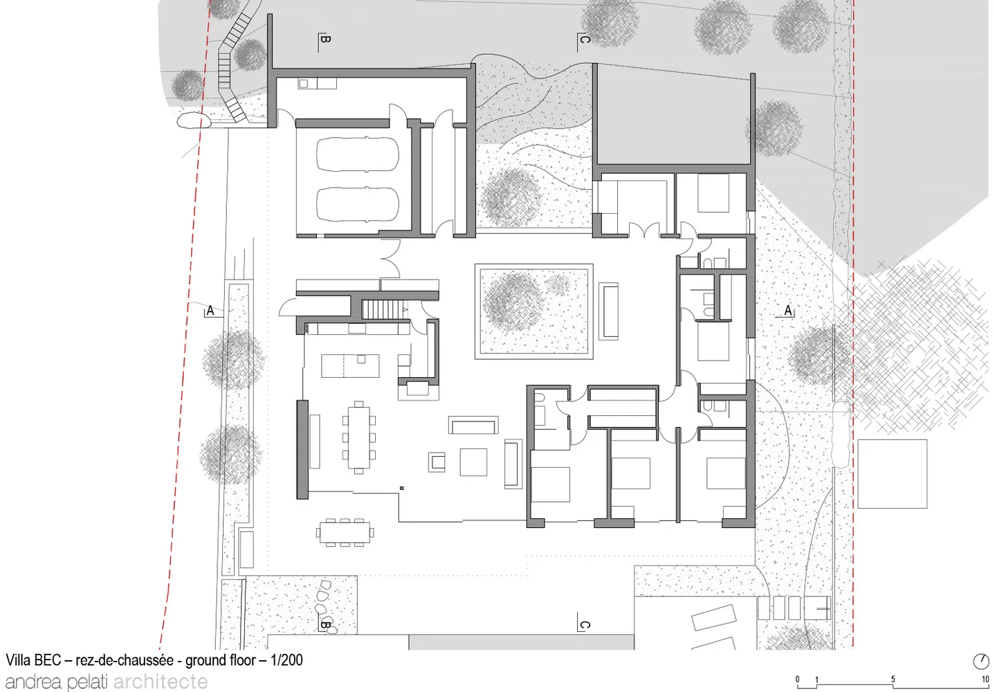 A detailed 2D architectural drawing showcasing the ground floor layout of a modern residential house, including rooms, doors,