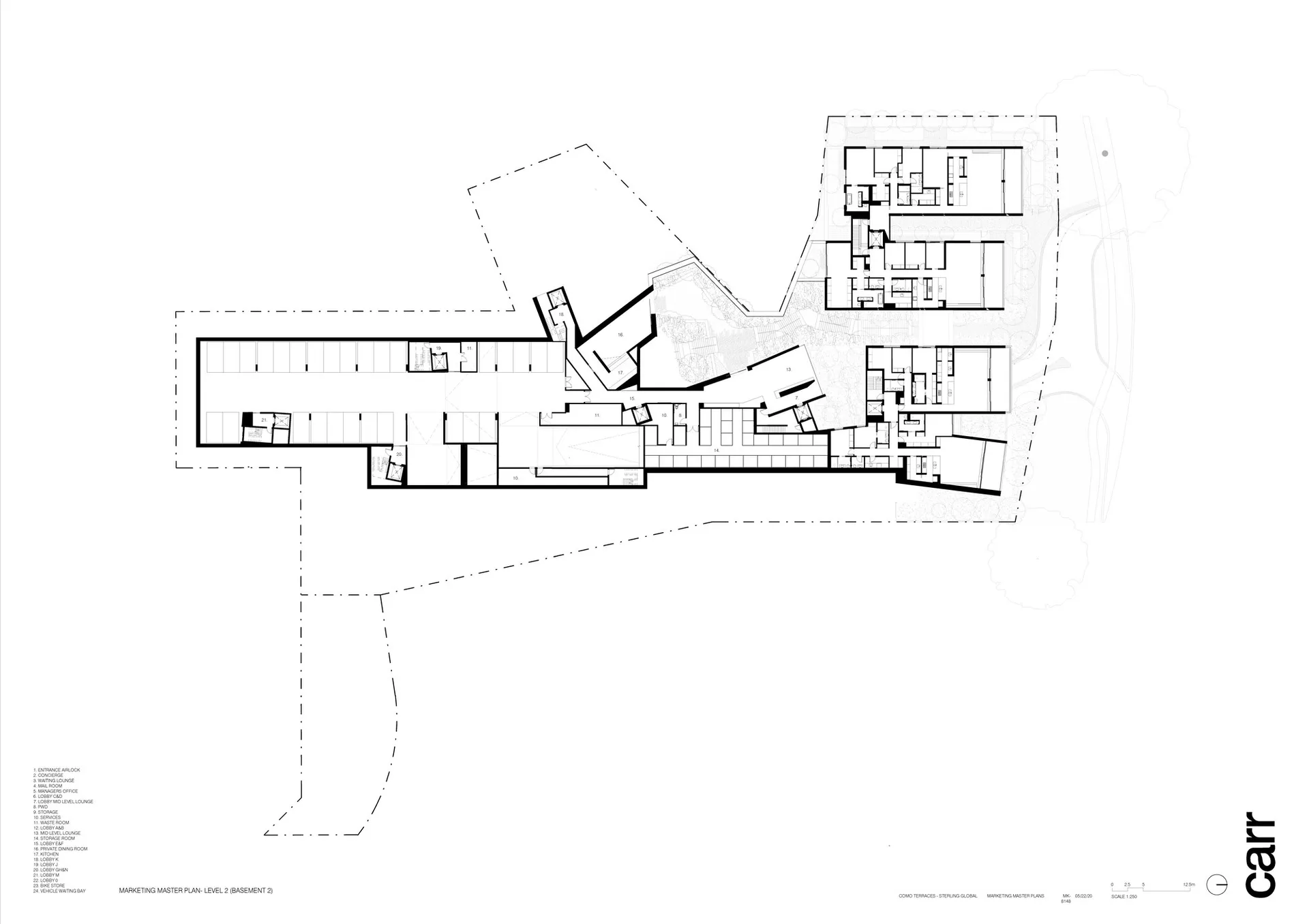 A technical 2D architectural drawing depicting a compact layout of an office building with various rooms and spaces.