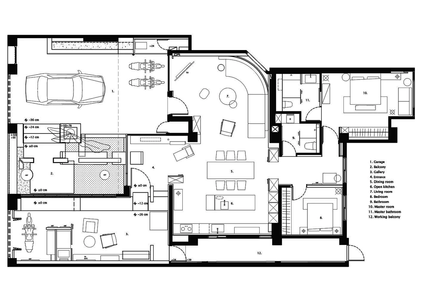 Detailed 2D technical architectural drawing of a residential interior