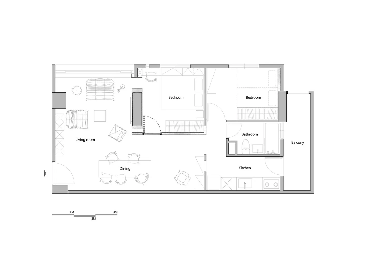 Floor plan of a modern apartment with two bedrooms, a bathroom, a kitchen, a living room, a dining area, and a balcony.