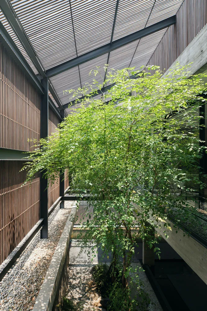 現代建築步道，搭配混凝土牆面與玻璃屋頂。
