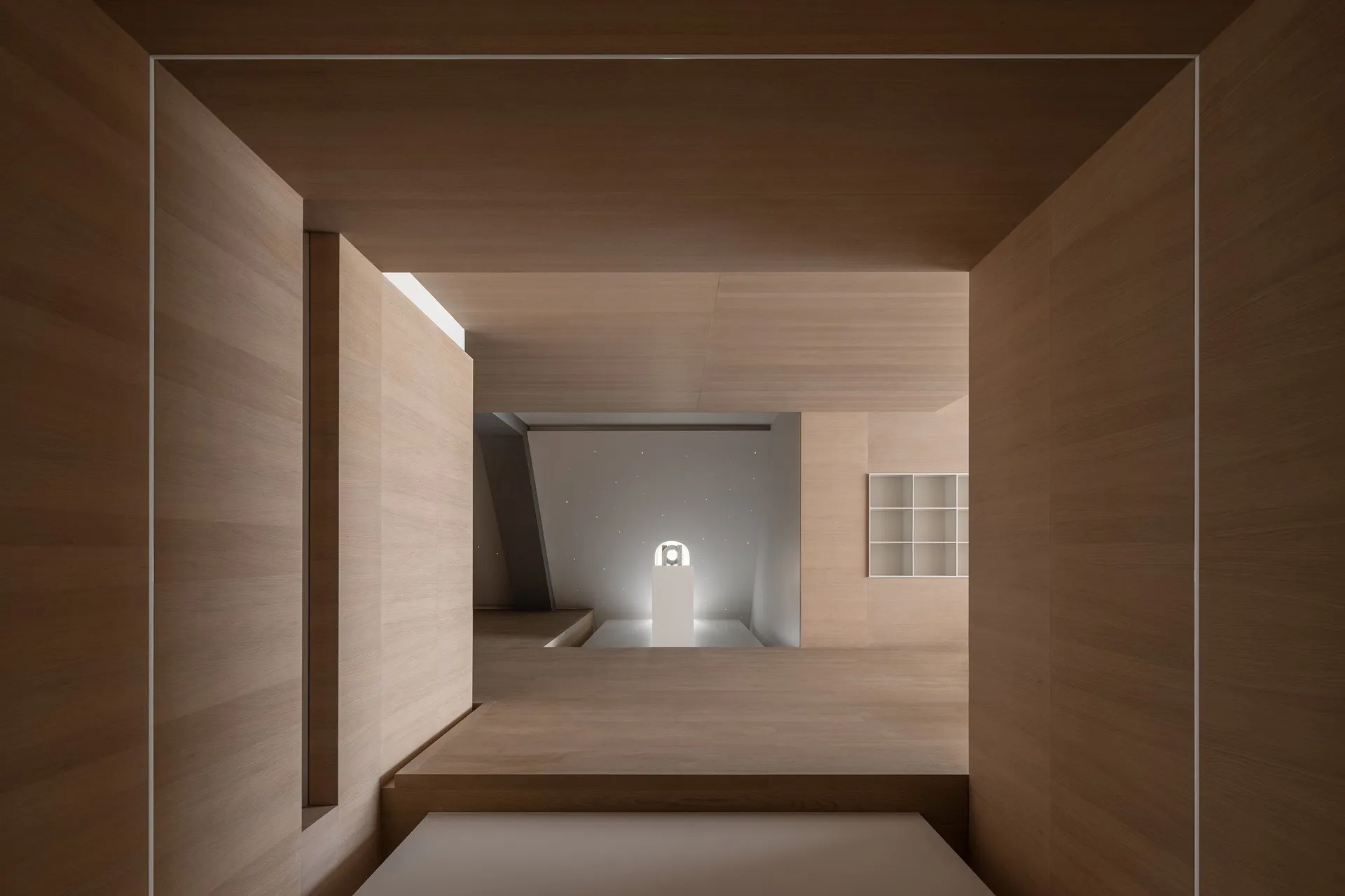 A minimalist interior design featuring wood materials in a modern space.