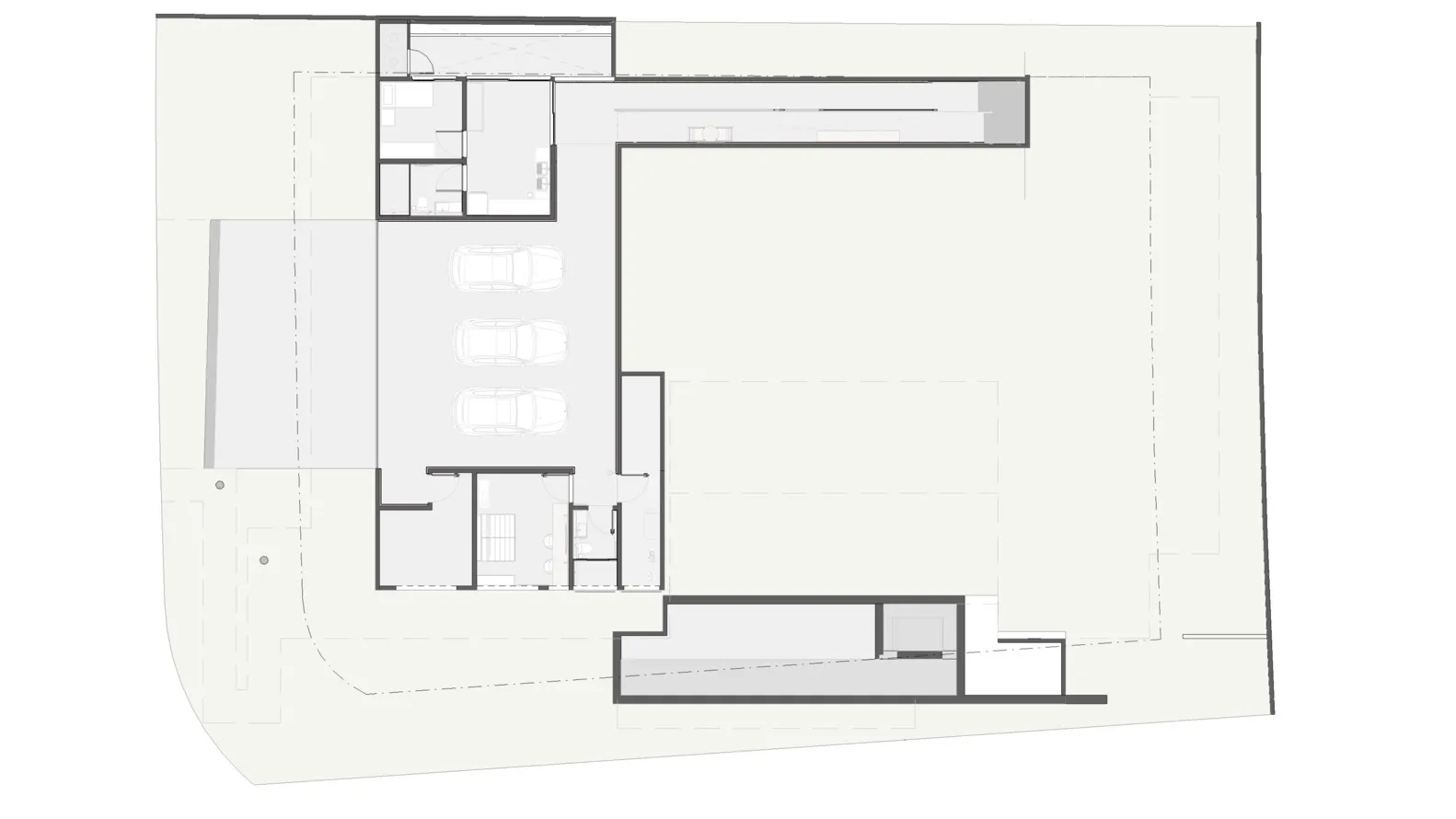 Floor plan of a modern residential design featuring a combination of concrete and glass materials.