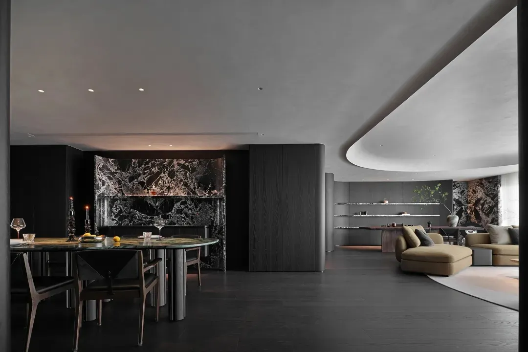 Modern living room with marble accents.