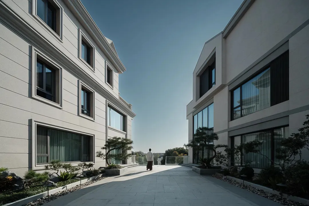現代建築外觀,採用混凝土、玻璃與石材材質。