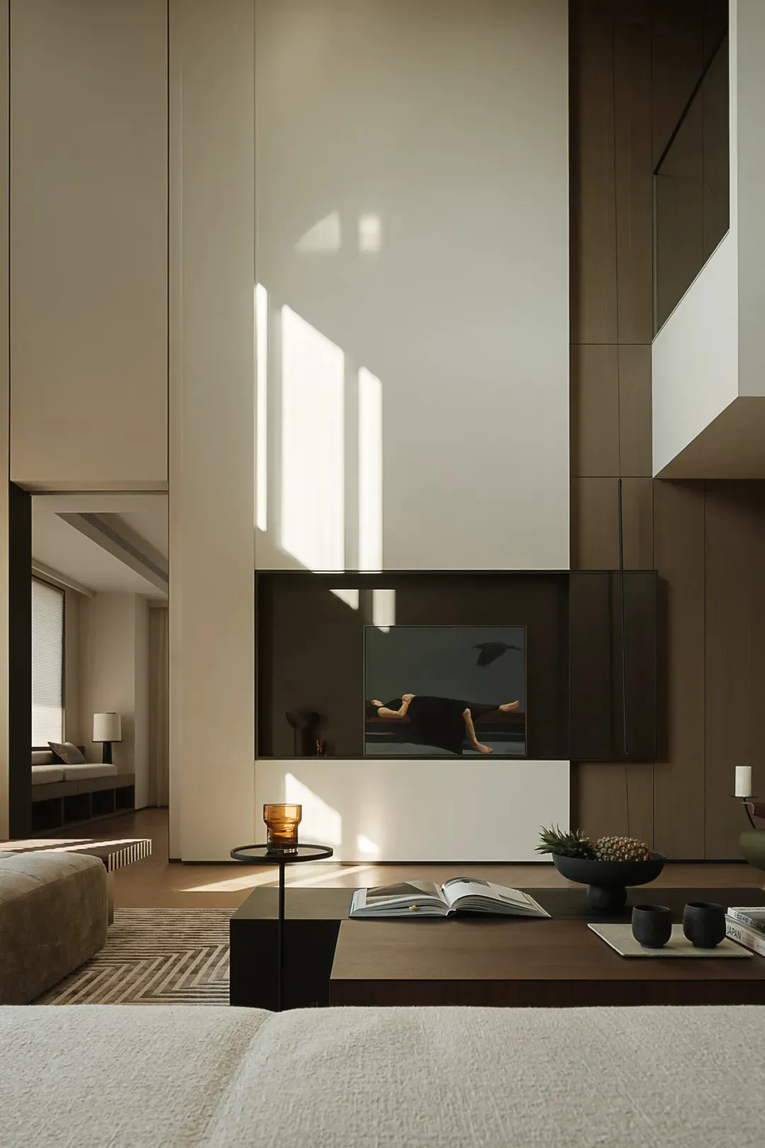 Modern minimalist living room with wooden features and artwork
