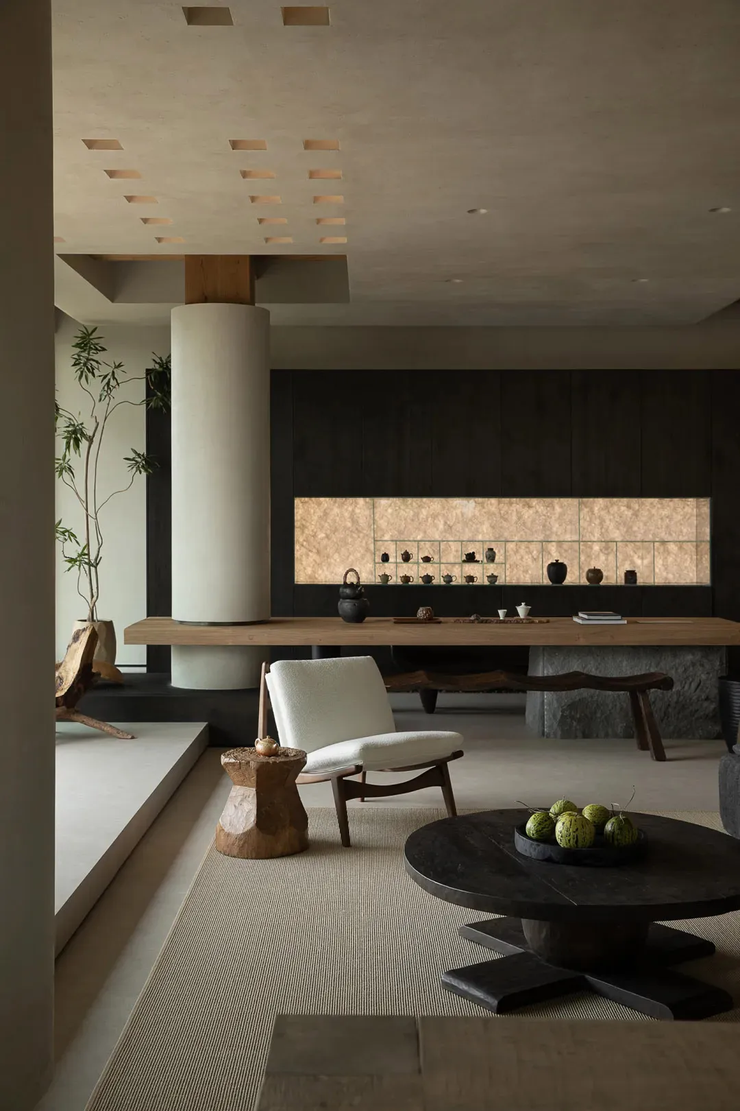 A modern living room featuring minimalist design with wooden furniture and concrete accents.