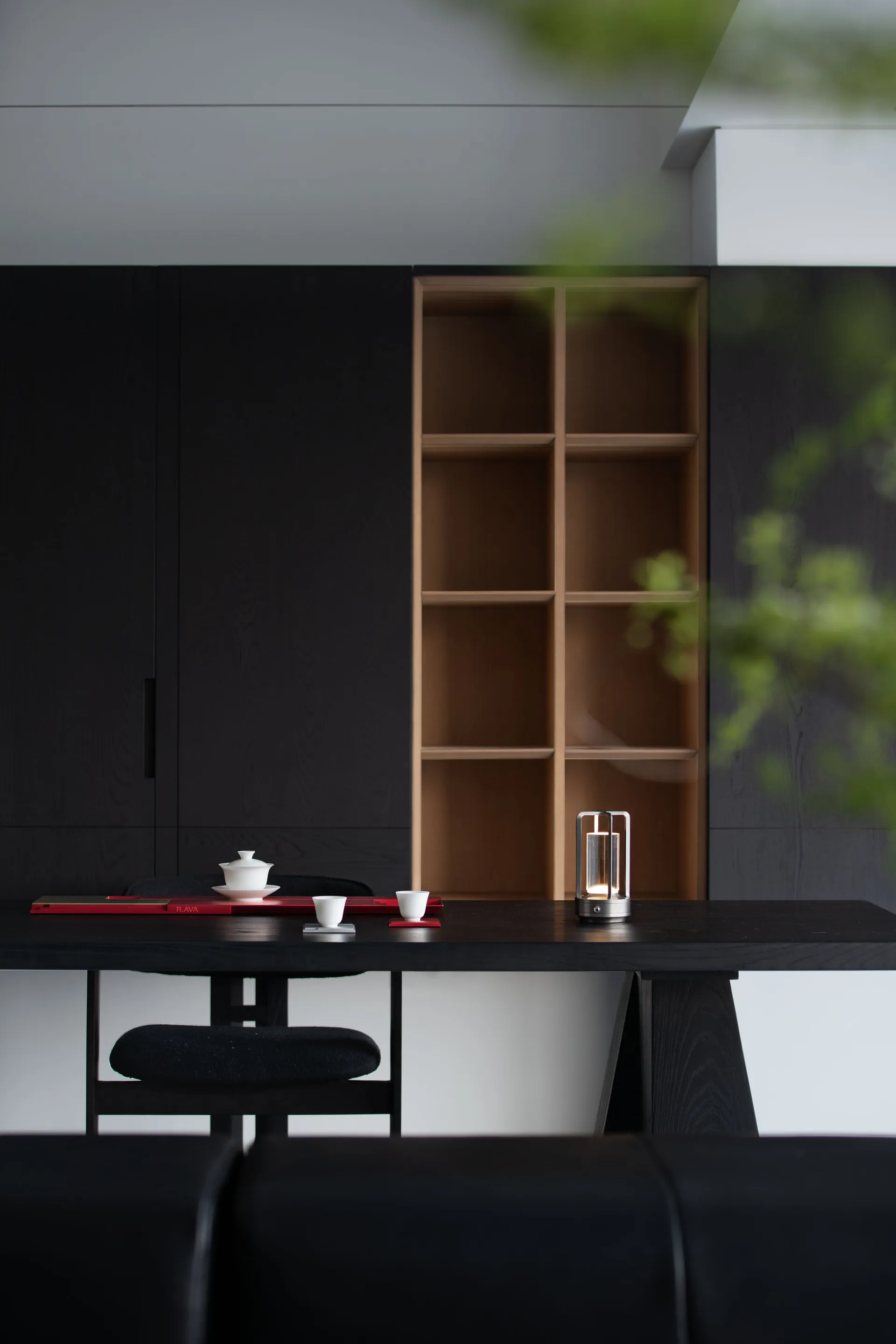 A modern classic style dining room with wooden furniture and minimalist decor.