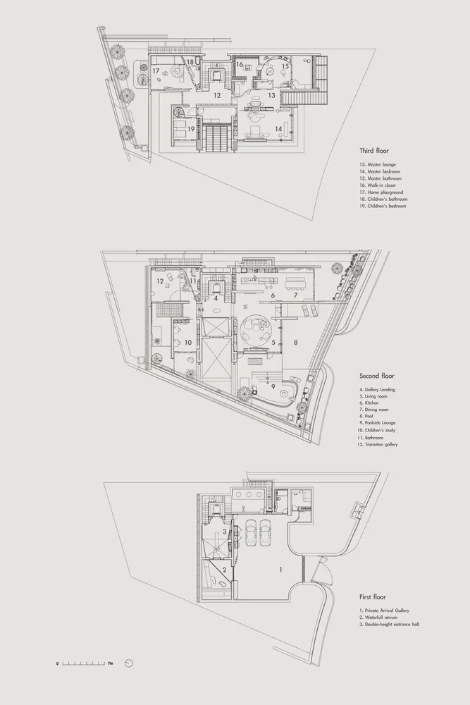 Floor plan of a modern residential home featuring concrete elements.
