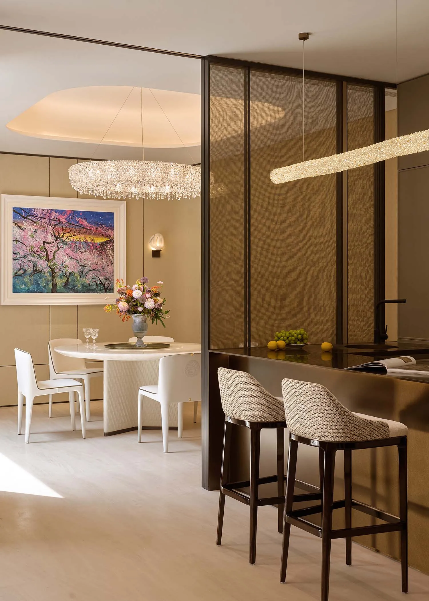 A modern kitchen featuring a transparent glass bar.