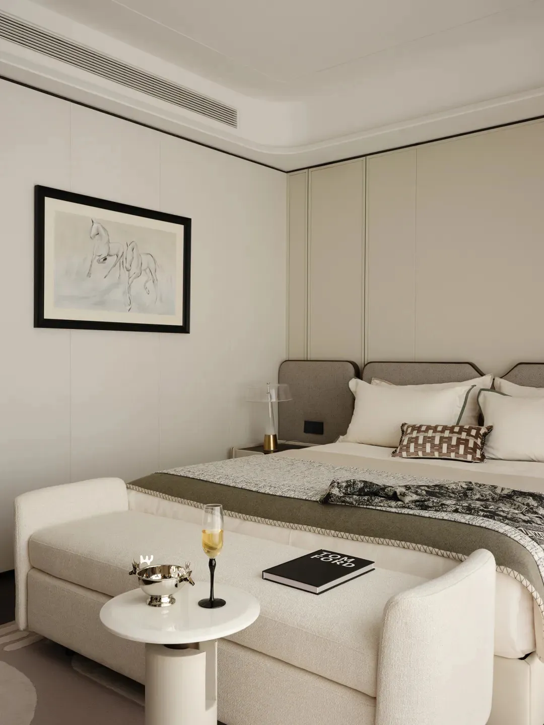 A modern minimalist bedroom with a neutral color palette, featuring a bed with a beige headboard, a matching beige ottoman, a