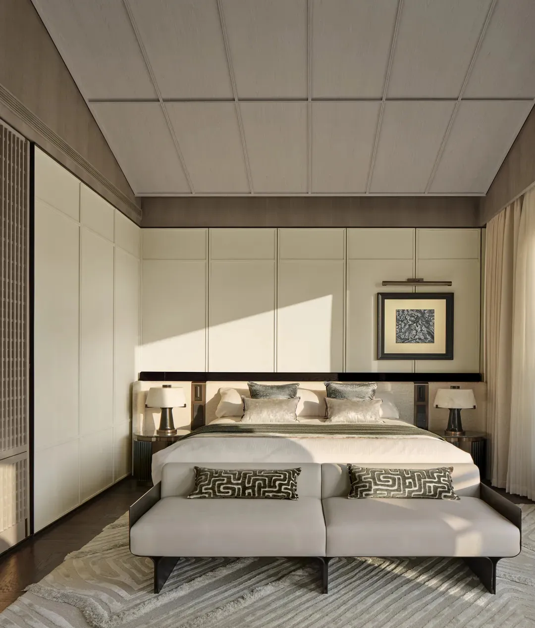 A modern minimalist bedroom with a neutral color palette featuring a large bed, side tables, lamps, and a framed piece of art