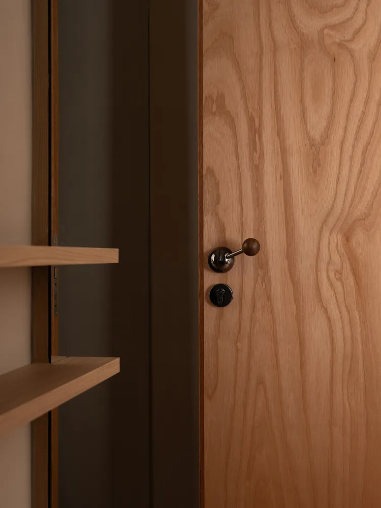 A modern interior wooden door with a dark wood finish and a simple, sleek design.