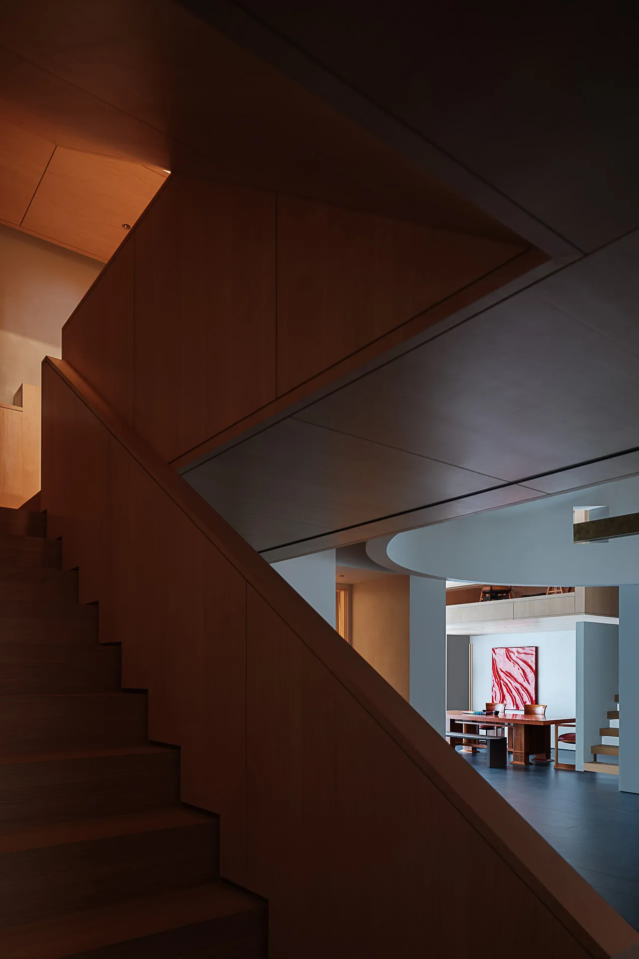 Staircase made of wood in a modern interior design space