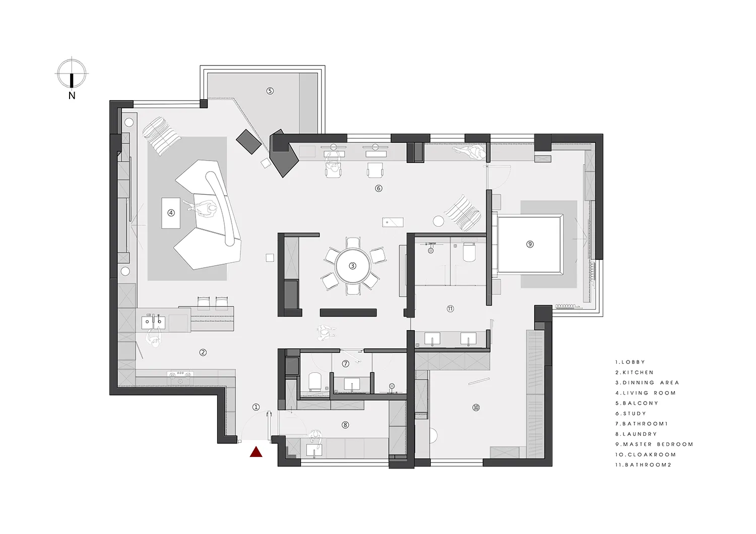 Detailed 2D architectural drawing of a residential floor plan, featuring different rooms and their layout.