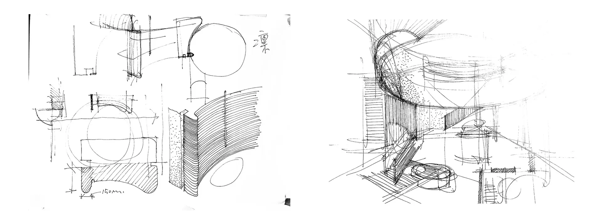 黑白建築設計素描圖，畫在紙張上。