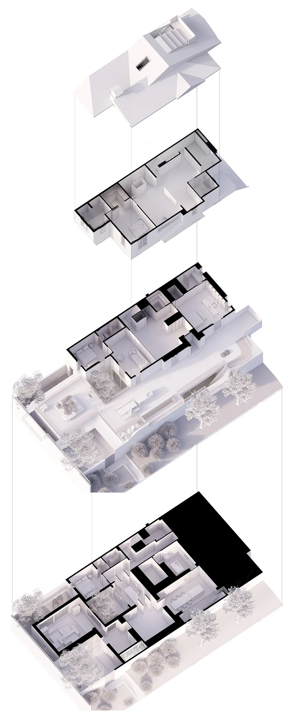 A detailed architectural floor plan for a modern dwelling with white walls and black outlines.