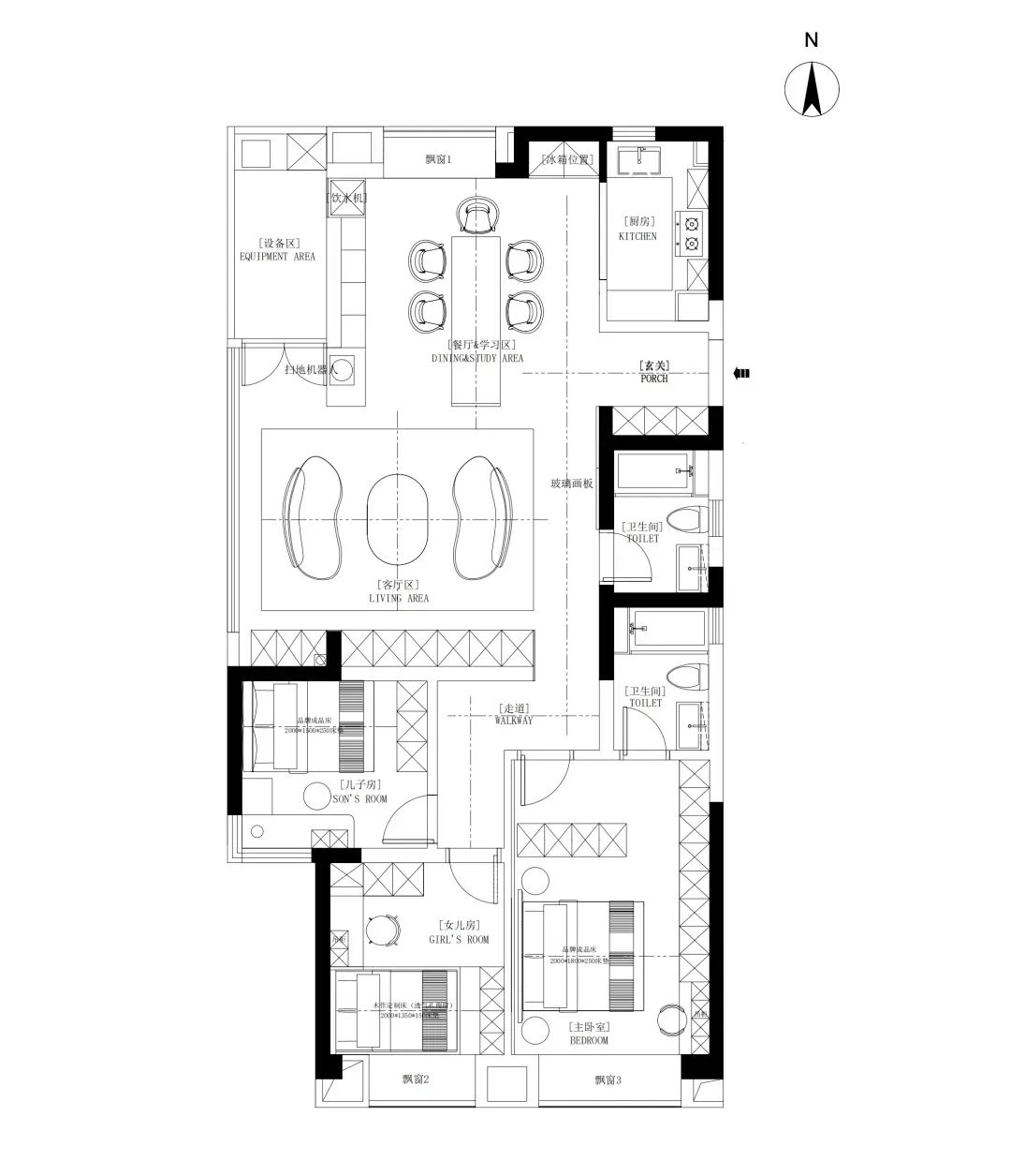 A modern residential floor plan featuring floating shelves in the living area.