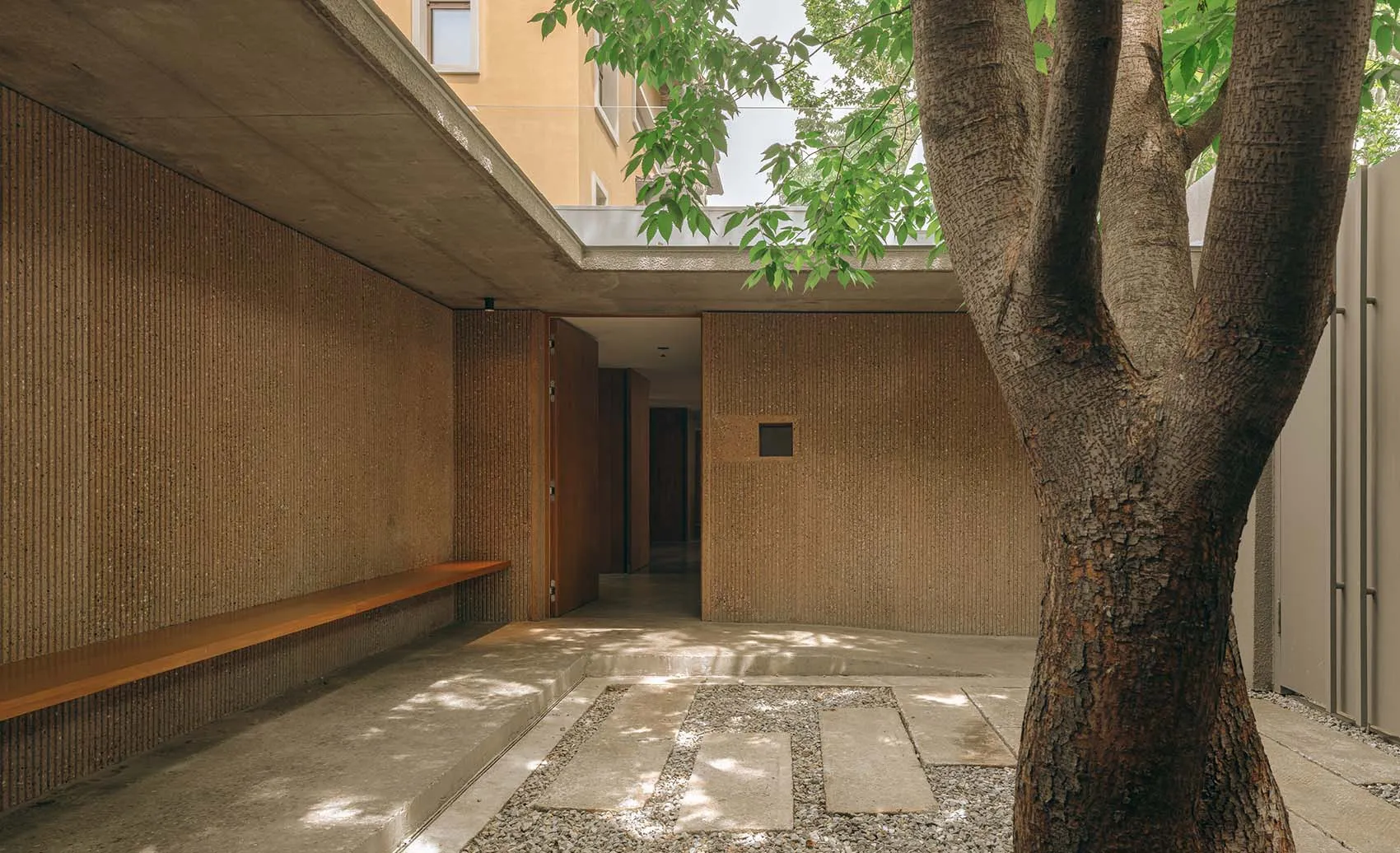 Modern indoor courtyard with concrete walls and a plant, featuring a wooden bench and a small hallway leading to a residentia