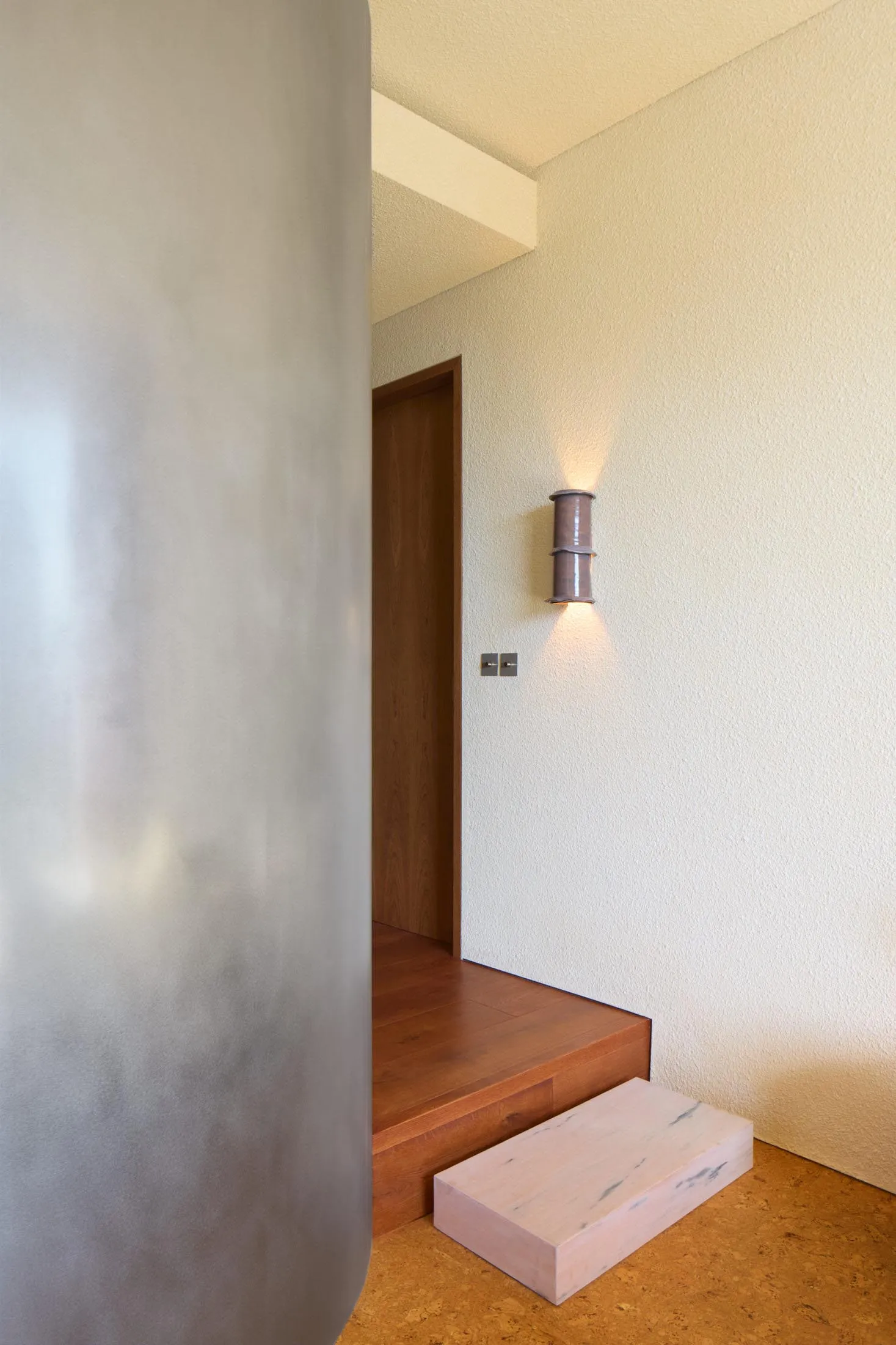 A modern minimalist entrance with wooden stairs and lighting.
