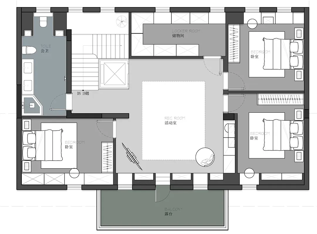 A modern bedroom layout with neutral colors and a central space.